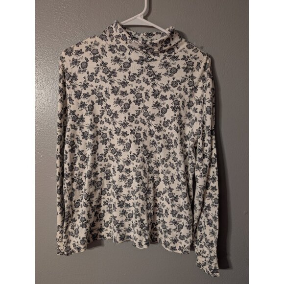 Y2K Basic Editions Women’s Large Mock Neck Long Sleeve Top Black White Floral - Picture 2 of 5